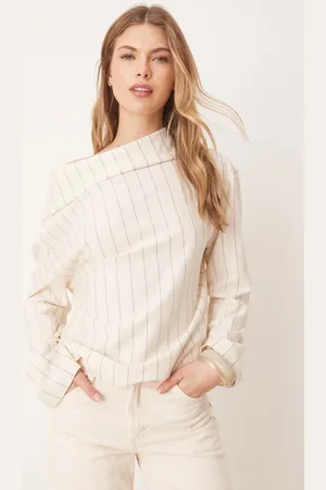 ASOS Off shoulder fold detail long sleeve top in cream pinstripe