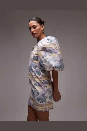 & OTHER STORIES Mini dress with puff sleeves and low back in vintage landscape print