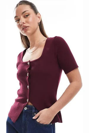 New Look Square neck short sleeve cardigan in burgundy