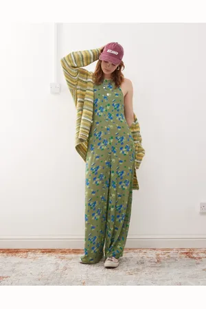 Reclaimed Cami jumpsuit with open back in green ditsy floral print
