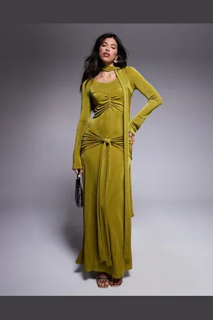 DASKA Ruched maxi dress with waist and neck tie detail in lime