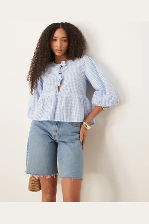 Gina Tricot Mid short sleeve bow tie front blouse in light blue and white gingham