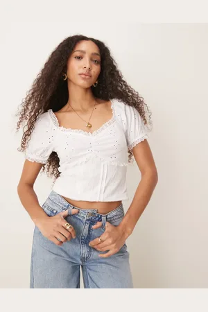 ASOS Puff sleeve broderie milkmaid top with lace trim in