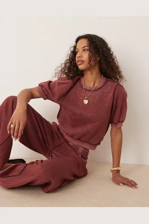 ASOS Exposed seam short sleeve sweat tee co-ord washed burgundy