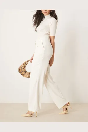 ASOS Tailored straight leg trousers with gold button detail in off white