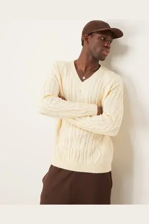 ASOS Heavyweight cable knitted V-neck jumper in cream