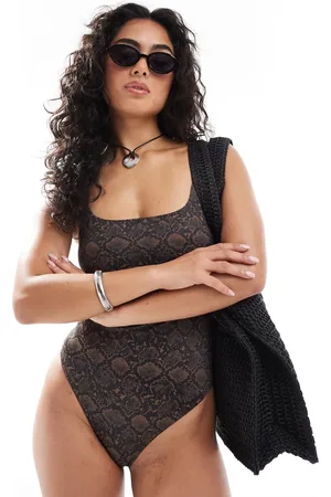 Monki Mix and match scoop neck high leg swimsuit in snake exclusive to ASOS