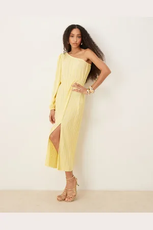 Y.A.S Foil spot plisse one shoulder maxi dress in pale