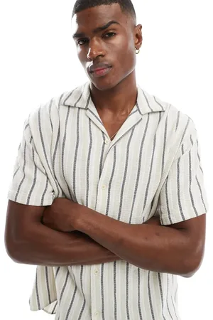 JACK & JONES Revere collar linen look shirt in blue green stripe