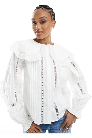 ASOS ASOS DESIGN tall lace and broderie insert shirt with large collar in ivory