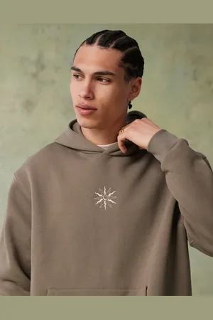 ASOS Oversized fixed hem hoodie with small chest embroidery and contrast stitching in vetiver