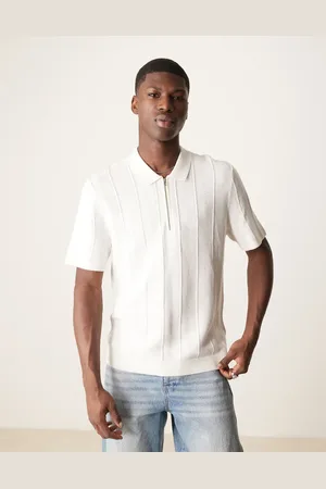 Abercrombie & Fitch 1/4 zip short sleeve knit polo in cream