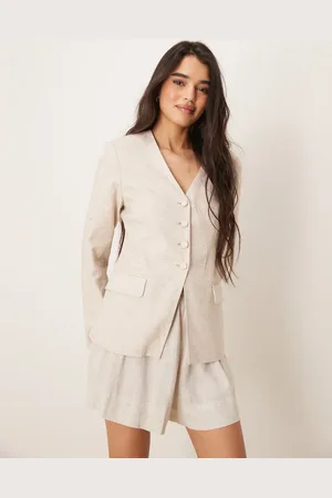 Abercrombie & Fitch Collarless nipped linen blazer in oatmeal