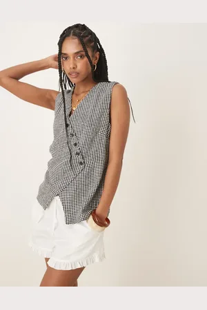 Abercrombie & Fitch Longline asymmetric linen vest in black gingham