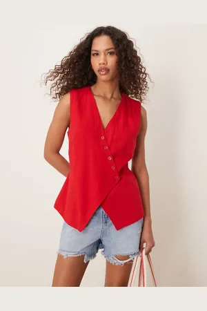 Abercrombie & Fitch Longline asymmetric linen vest in salsa