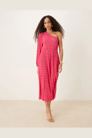 Y.A.S Foil spot plisse one shoulder maxi dress in