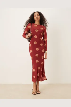 Never Fully Dressed Long sleeve heart print mesh maxi dress in burgundy
