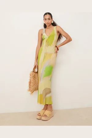 ASOS V neck ruched tie midi dress in green blur