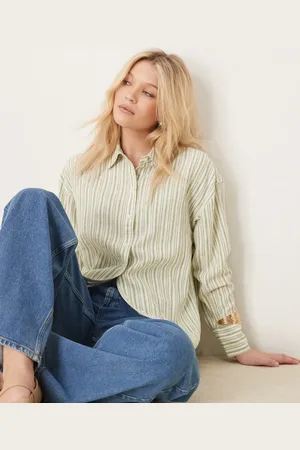 Abercrombie & Fitch Long sleeve oversized linen shirt in green stripe