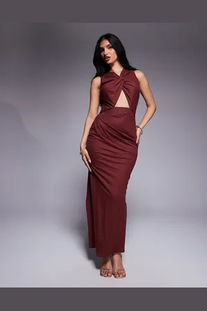 ASOS Stretch linen twist detail midi dress with gold trim back in wine
