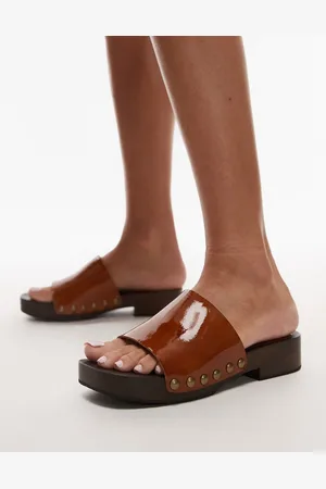 Topshop Premium Harley leather wooden clog in tan
