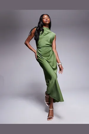 ASOS Satin high neck pleated bodice midi dress in olive