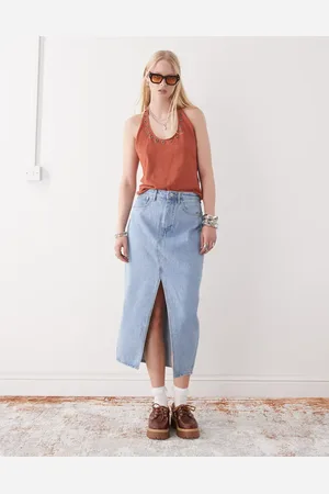 Obey Simplex denim midi skirt with front slit in light wash