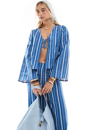 Esmée Esmee Exclusive tie front beach top with angel sleeve in stripe