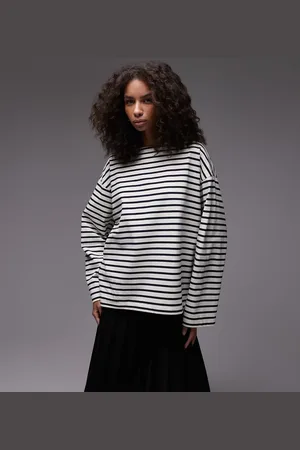 ARKET Oversized jersey t-shirt with long sleeved and split hem in blue and white stripes
