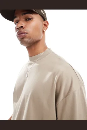 ASOS Heavyweight oversized high neck t-shirt 240gsm in stone - KHAKI
