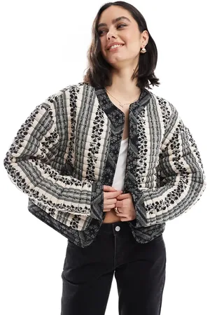 ASOS Cropped quilted jacket in patchwork in black and white floral