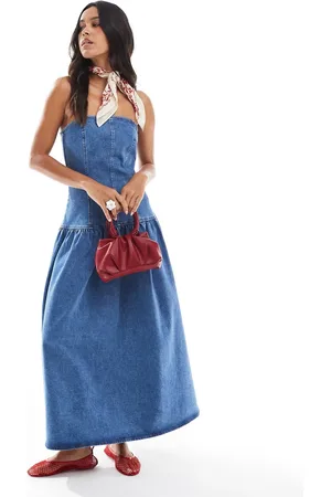 ASOS Cinch waist bandeau denim midi dress with dropped waist in mid