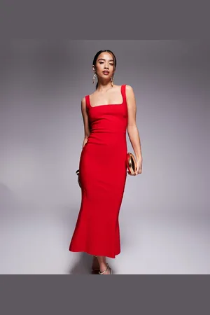 Vesper Bengaline sleeveless square neck fishtail midi dress in