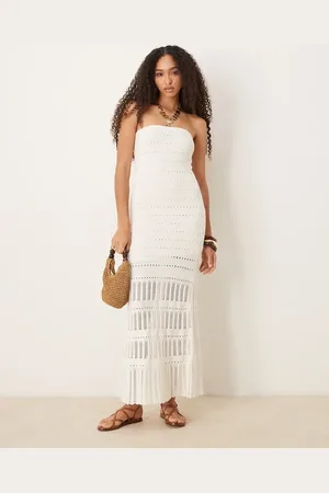 Abercrombie & Fitch Crochet lace strapless midi dress in cream