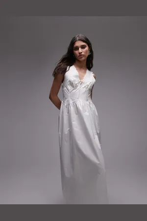 Topshop Tie front embrodiered midi dress in
