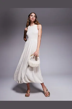 River Island Puffball linen midi dress in cream