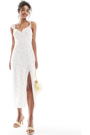 Bershka Frill detail maxi dress in ecru and floral