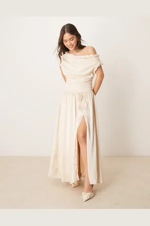 ASOS Twist neckline ruched bodice with satin skirt midi dress in cream