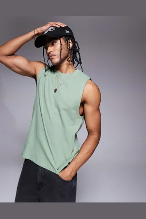 ASOS Boxy crew neck linen blend tank in khaki