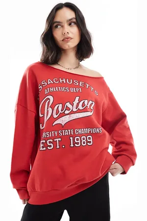 ASOS Off shoulder sweatshirt with Boston graphic in