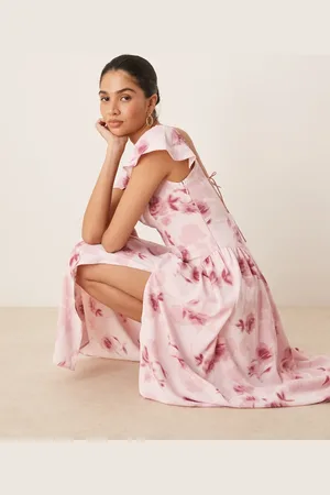 Abercrombie & Fitch Flutter sleeve dipped waist maxi gown dress in floral