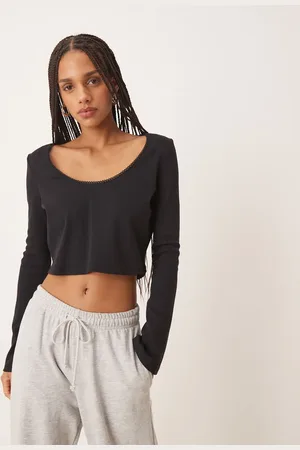 ASOS Ribbed long sleeve boxy crop top with trim detail in