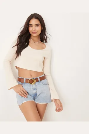 ASOS Ribbed long sleeve boxy crop top with trim detail in cream