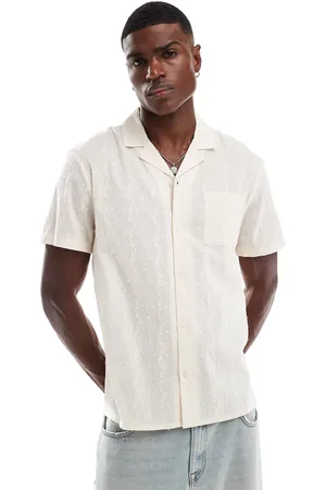 Another Influence Embroidered stripe revere collar shirt in sand
