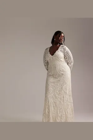 ASOS ASOS DESIGN Curve embroidered plunge long sleeve maxi wedding dress in ivory