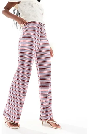 Pieces® Wide leg ribbed trousers in blue and burgundy stripe