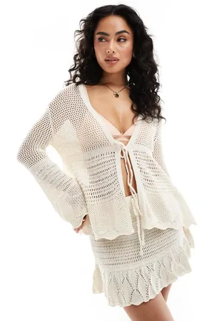 Pull&Bear Knitted crochet long sleeve top co-ord in ecru