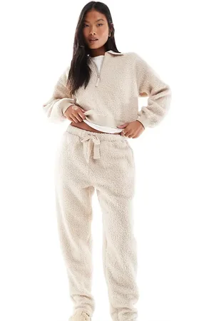ASOS ASOS DESIGN Petite lounge borg zip collar sweat & tapered trouser set in cream