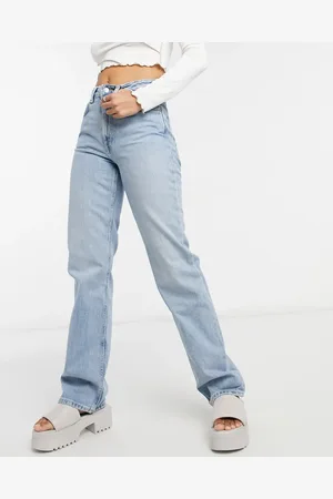 Weekday Voyage cotton high waist straight leg jeans in stone wash - MBLUE
