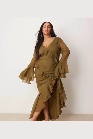ASOS ASOS DESIGN Curve v neck long sleeve ruffle maxi dress with cut out back in